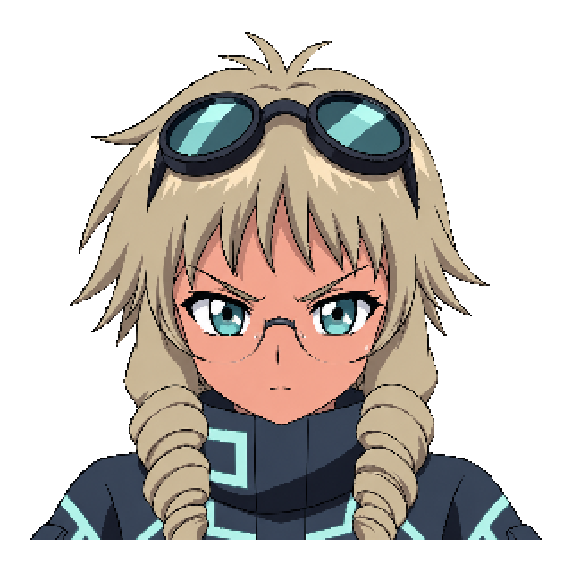 Nora wearing workshop goggles with a determined expression